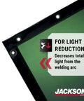 Transparent Welding Curtain For UV And Blue Light Shielding, Ready To Hang With Grommets, green corner detail