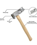 No Sweat One Hand Nail Setup Game Changing Magnetic Face Roofing Hatchet With Solid Forged Steel Head And Handy Utility Blade shown with sliding gauge and claw.