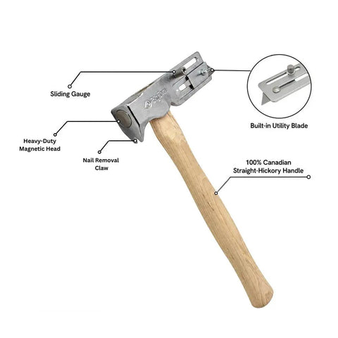 No Sweat One Hand Nail Setup Game Changing Magnetic Face Roofing Hatchet With Solid Forged Steel Head And Handy Utility Blade shown with sliding gauge and claw.