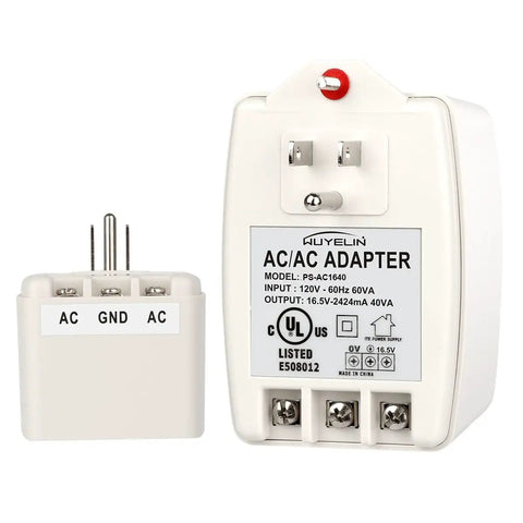 Sixteen Point Five Volt 40 VA Alarm And Doorbell Transformer Plug In For Home Security Systems, close-up view with connectors