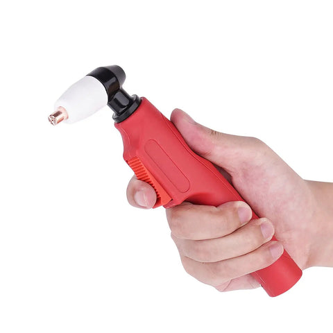 Hand holding PT31 Air Plasma Cutting Torch Head Heavy Duty High Frequency 40A Red Handle Includes Long Electrode Long Tip 1.1