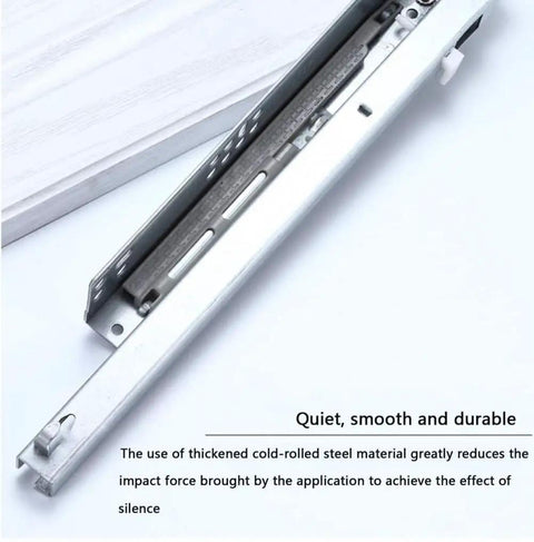 Heavy Duty 350mm Soft Close Drawer Slides With Roller Bearings For Quiet Hidden Installations Under Desk And Shelves 50Kg Capacity Easy Glide Drawer Guide Rails Durable Cold Rolled Steel showing close-up of steel construction.