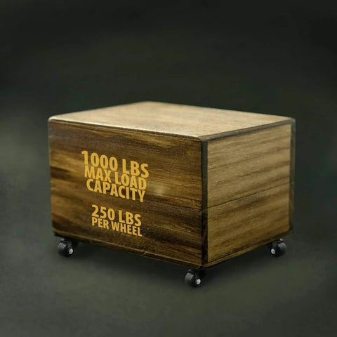 Wooden box on 2 inch heavy duty polyurethane caster wheels with double ball bearing, showcases 1000 lb max load capacity for industrial carts
