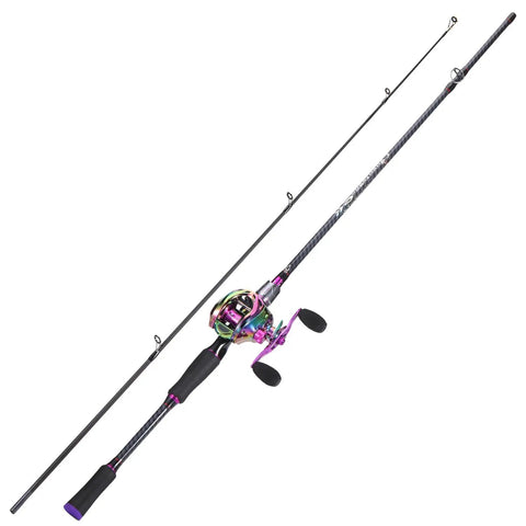Two Piece Baitcasting Fishing Combo With Casting Reel Six Foot Purple Carbon And Glass Fiber Rods Right Handed Durable Travel Ready