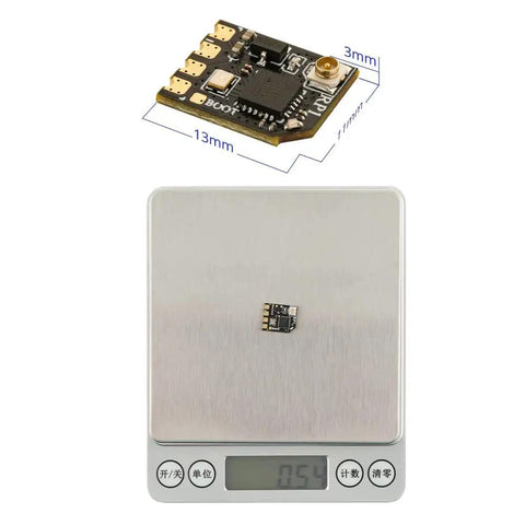 2.4GHz ELRS RP1 FPV Receiver Nano With 65mm UFL T Antenna for TX16S TX12 Zorro on digital scale showing weight