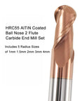 Close-up of copper-colored AlTiN coated ball-nose carbide end mill, 2-flute.