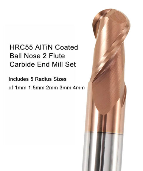 Close-up of copper-colored AlTiN coated ball-nose carbide end mill, 2-flute.