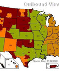 Outbound view map of the U.S. showing transit days for shipping locations across states, color-coded for delivery times.