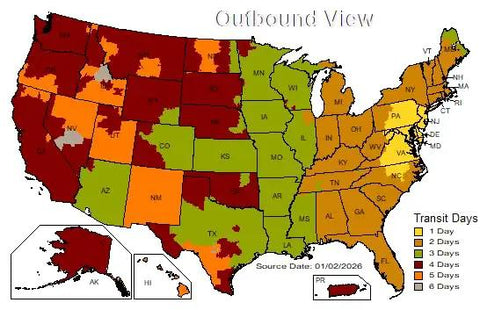 Outbound view map of the U.S. showing transit days for shipping locations across states, color-coded for delivery times.