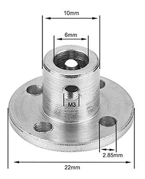 Front view: metal 6mm flange coupling with 22mm base and four mounting holes for RC motor shaft.