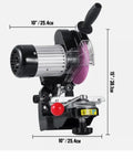 Heavy Duty Electric Chainsaw Bench Grinder With Dual Grinding Wheels Multi Angle Precision Sharpener side view with dimensions.
