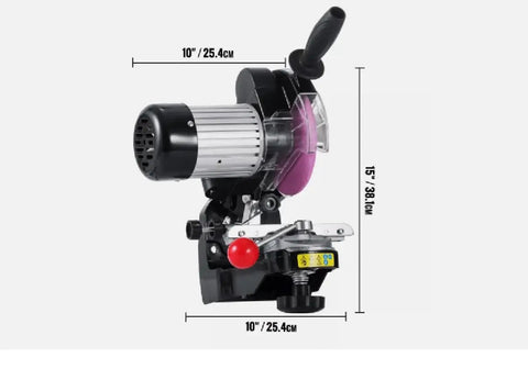 Heavy Duty Electric Chainsaw Bench Grinder With Dual Grinding Wheels Multi Angle Precision Sharpener side view with dimensions.
