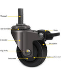Heavy Duty Silent Rubber Swivel Casters Rock Solid Build 360 Degree Rotation close-up of features including brake, TPE rubber, and thread.