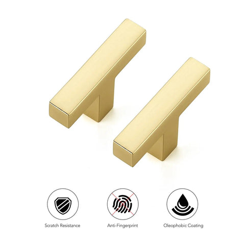 Top Shelf Brushed Gold Cabinet Handles Hella Sturdy Single Hole Drawer Pulls Two Inch Long Solid Zinc Hardware No Nonsense Thirty Pack close-up view of two gold drawer pulls with anti-fingerprint coating.