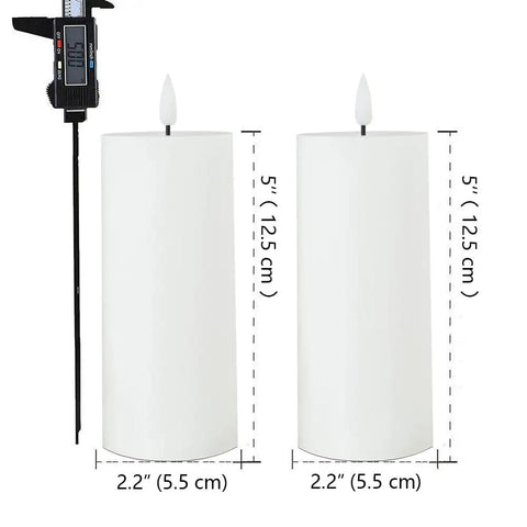 White Flameless Candles Set Of 2 2.2x5 Inch LED Pillar Candles With Remote, Timer, size measurements in inches and centimeters