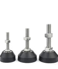 Top Shelf Adjustable Furniture Levelers With Swivel Glide Caps To Knock Out Wobble And Keep Tables Chairs Cabinets And Dining Sets Rock Solid On Uneven Floors M8 M10 Thread in three sizes, showcasing threaded stems and rubber bases.