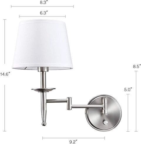 Swing Arm Wall Sconce Light With Plug In Or Hardwired Mount, Brushed Nickel Wall Lamp showing measurements and modern design.