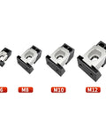 Heavy Duty Pneumatic Vise For CNC With One-way Lengthening Feature And Wide Clamping Surface showing M6, M8, M10, M12 sizes.