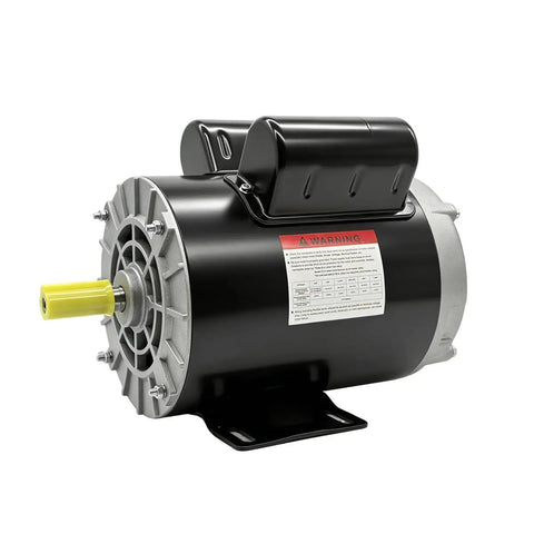 Heavy Duty 2 Horsepower 60 Gallon Air Compressor Electric Motor side view with yellow shaft, ideal for heavy shop tasks.