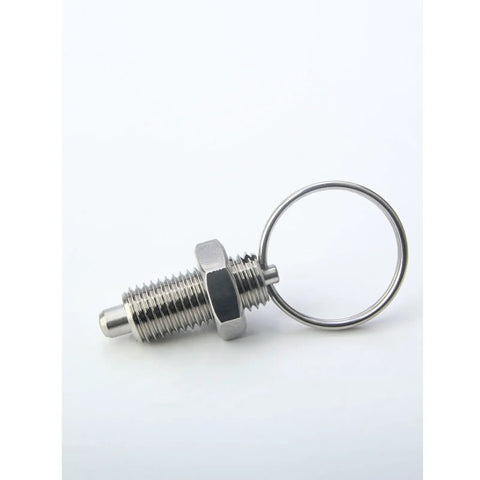 Heavy Duty Stainless Steel Retractable Index Plunger with Pull Ring Locking Pin, M8 threaded for CNC machining and woodworking jigs.