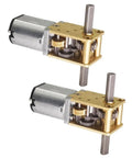 Two Dual Shaft 12V DC Worm Gear Motor with 381 RPM Output, 3x10mm Double Shaft, High Torque Micro Gearbox shown