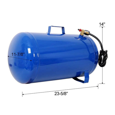 Aynuma 11 Gallon Portable Air Tank Heavy Duty Metal Compressor showing side view with dimensions for garage and roadside use.