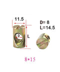 Heavy Duty Barrel Nuts and M6 M8 Cross Dowel Bolts Set for Furniture Assembly, zinc plated, dimensions noted, slotted design.
