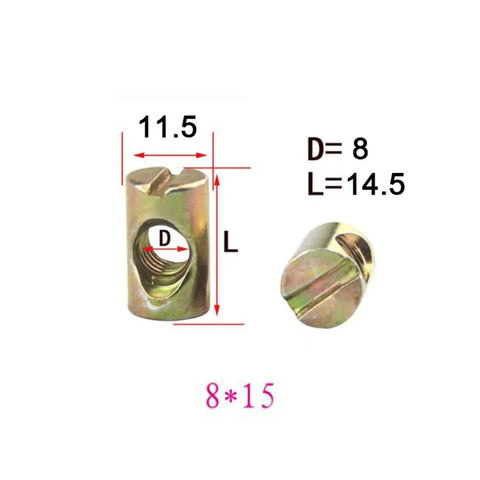 Heavy Duty Barrel Nuts and M6 M8 Cross Dowel Bolts Set for Furniture Assembly, zinc plated, dimensions noted, slotted design.