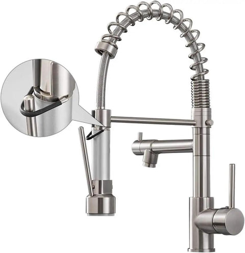 Close-up of Kitchen Faucet with Pull Down Sprayer, Commercial Spring Single Handle Stainless Steel Sink Faucet, showing connection detail.