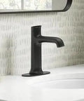 Touchless Battery Powered Single Hole Bathroom Faucet in Matte Black with slick modern style on white vanity, Model K-R32930-4D-BL
