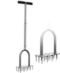 Manual Lawn Aerator Spike Tool With 15 Iron Spikes Pre Assembled Dethatching And Soil Aeration tool with long handle and spiked base.