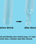 Illustration of 625 Piece Clear Heat Shrink Tubing Kit With Two To One Ratio, showing before and after shrink examples.