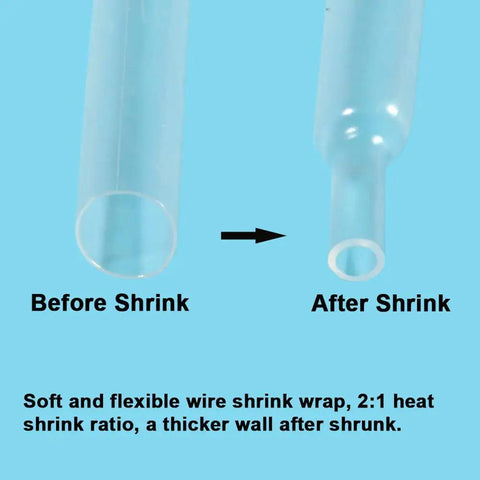 Illustration of 625 Piece Clear Heat Shrink Tubing Kit With Two To One Ratio, showing before and after shrink examples.