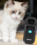 Rechargeable Pet Microchip Scanner RFID EMID Reader 134 2kHz And 125kHz Chip Detector shown next to cat for scanning