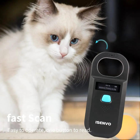 Rechargeable Pet Microchip Scanner RFID EMID Reader 134 2kHz And 125kHz Chip Detector shown next to cat for scanning