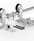 Components of 6 Foot Top Mount Stainless Steel Sliding Barn Door Hardware Track Kit For 30 To 36 Inch Single Doors Heavy Duty Anti Rust And Quiet Smooth Sliding Easy Install.