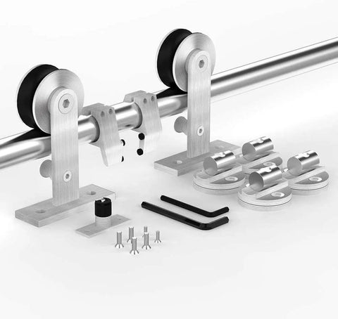 Components of 6 Foot Top Mount Stainless Steel Sliding Barn Door Hardware Track Kit For 30 To 36 Inch Single Doors Heavy Duty Anti Rust And Quiet Smooth Sliding Easy Install.