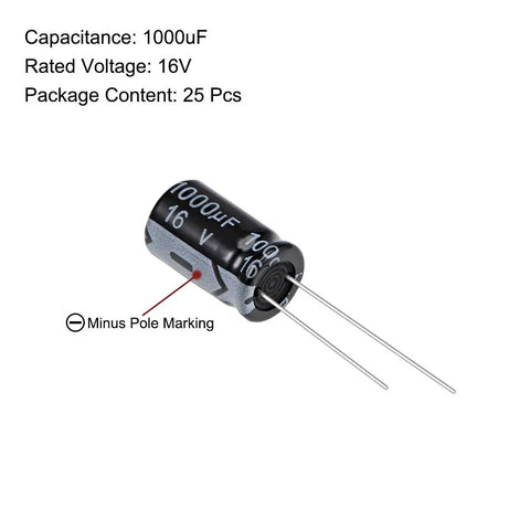 1000uF 16V Aluminum Electrolytic Capacitors Pack Of 25 Built To Take The Heat Up To 105 Degrees Celsius With Operating Range Minus 40 To 105C For TV Audio Speakers Digital Cameras And Home Appliances, black radial capacitor with minus pole marking