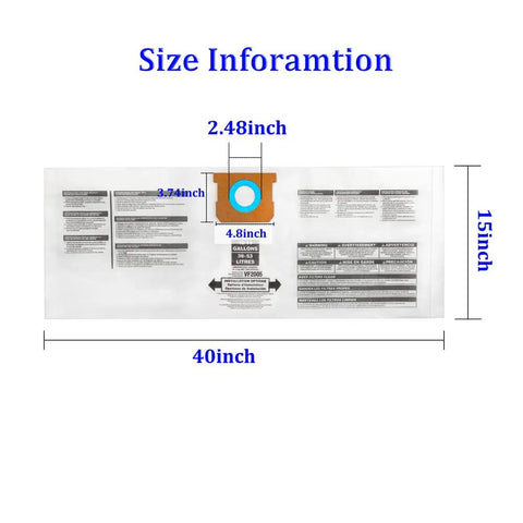 Size information for Replacement Vacuum Filter Bags For 10 To 14 Gallon Shop Vacs with measurements in inches.