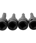 Top Tier 4 Piece Socket Adapter Kit Featuring Ph1 Ph2 Ph3 And Ph4 Cross Bit Heads Designed For 3/8 Drive Electric Wrenches With Forged Chrome Steel Durability Perfect For Gnarly Auto And Home Repair Jobs That Need Serious Torque., four black PH socket adapters with 3/8 drive and 60mm forged chrome steel heads