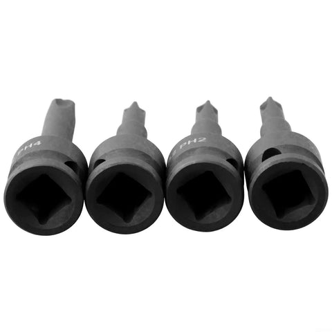 Top Tier 4 Piece Socket Adapter Kit Featuring Ph1 Ph2 Ph3 And Ph4 Cross Bit Heads Designed For 3/8 Drive Electric Wrenches With Forged Chrome Steel Durability Perfect For Gnarly Auto And Home Repair Jobs That Need Serious Torque., four black PH socket adapters with 3/8 drive and 60mm forged chrome steel heads