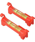 Two red hanging line levels with bubble vial for precise horizontal measuring and adjustable hooks.