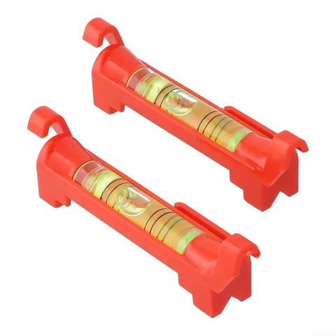 Two red hanging line levels with bubble vial for precise horizontal measuring and adjustable hooks.
