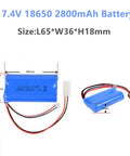 7.4V 2800mAh Li-Ion RC Battery 2 Pack With L6.2-2P Plug dimensions 65x36x18mm shown with red and black wires