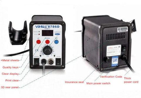 Front and rear view of 2 In 1 Pro Grade Soldering Rework Station With Hot Air Gun And Iron Digital Dual LCD Displays Precise Temperature Control Low Noise Space Saving Design Automatic Cooling Fan Great For SMD Rework And Welding