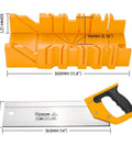 Miter Box And Saw Set 14 Inch Back Saw With ABS Box For Woodworking Trim Molding And Carpentry Precision Angle Cuts 45 Degree And 90 Degree For Framing And Picture Frames Pro Grade displayed with measurements