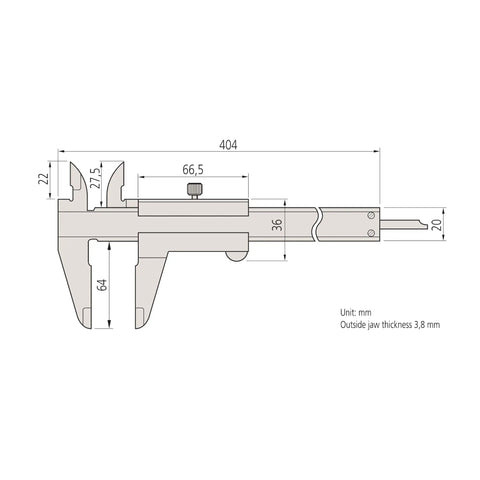 Diagram of Stainless Steel Vernier Caliper 0 To 200 mm Range With Inside And Outside Measurement, showing dimensions.