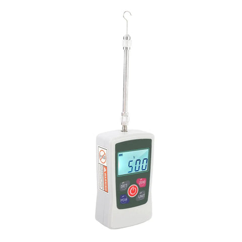 Hand Push Pull Force Gauge 50N Digital Tester With Limit Setting And Alarm, Backlit Readout For Easy Readings In N Kg Lb Oz, Pro Grade Ultra Accurate Sensor For A Workshop Ready Tool. Digital force gauge with hook and backlit display showing 50.0 N