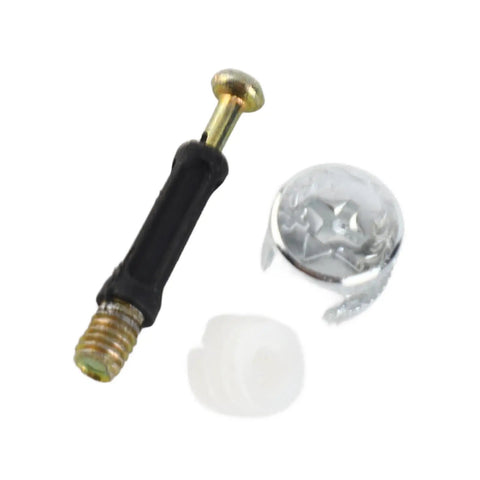 Close-up of Three in One Eccentric Wheel Connector Kit for Furniture, 100 Sets Pro Grade Durable Screw Nut Hardware.