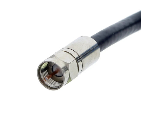 Close-up of a coaxial cable connector showing metallic threading, compatible with OmniSeal Pro XL Coax Compression Tool For F BNC RCA RG11F And MiniCoax Connectors